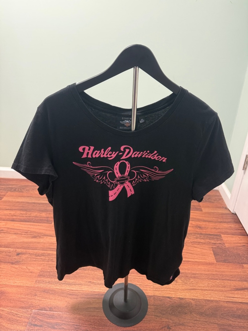 Harley-Davidson Women’s Black Short Sleeve Tee with Pink Ribbon Graphic